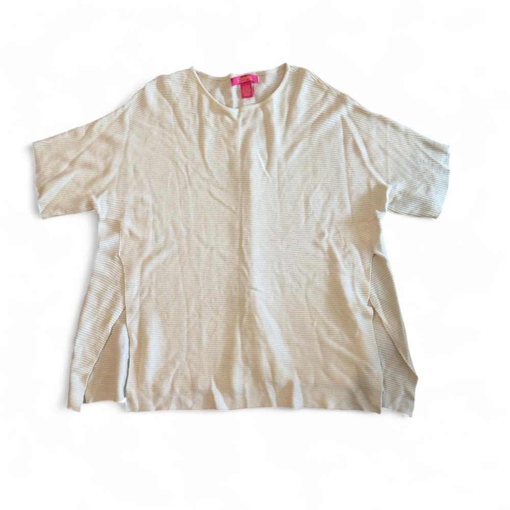 Vintage womens cream short sleeve top oversized ribbed crewneck top side slits L